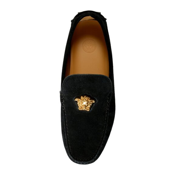 Versace Men\'s 100% Suede Leather Gold Medusa Driver Loafers Shoes US 5 IT 38